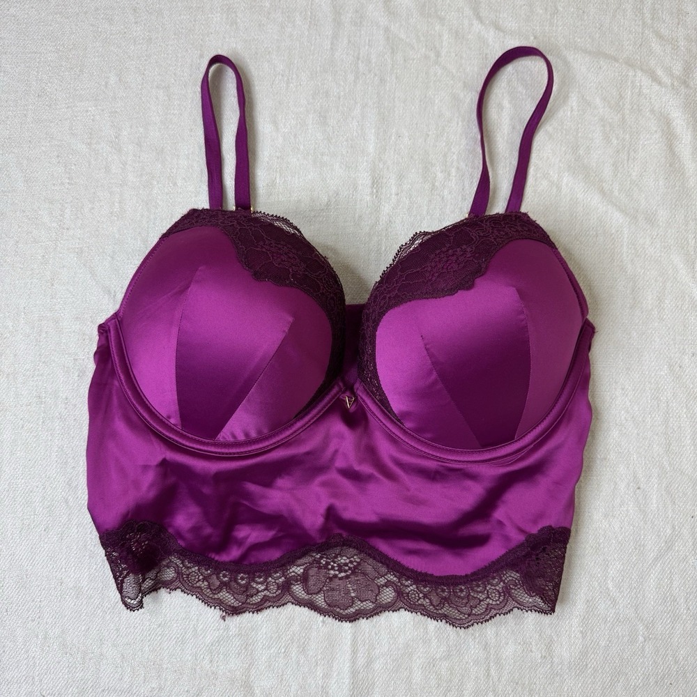 Victoria's Secret Bombshell Plunge Bra Corset Bustier Size 34C Plum Satin Pushup